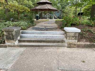 Granite steps at the park after restoration was complete, in August 2023